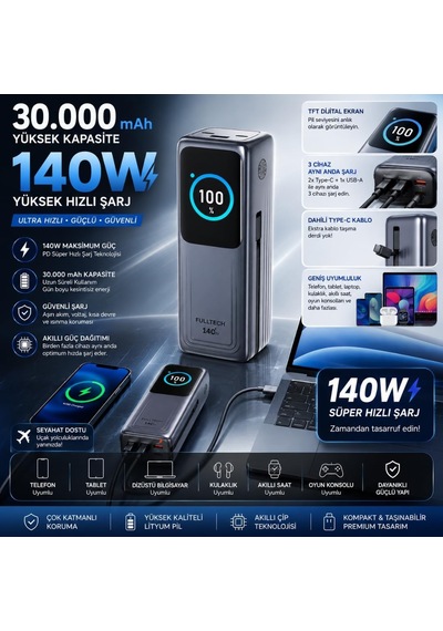 Yüksek Hızlı Powerbank, Dijital Göstergeli Powerbank, 30.000 Mah Batarya, 140w Hızlı Şarj, 2x Type-c Girişi, 1x