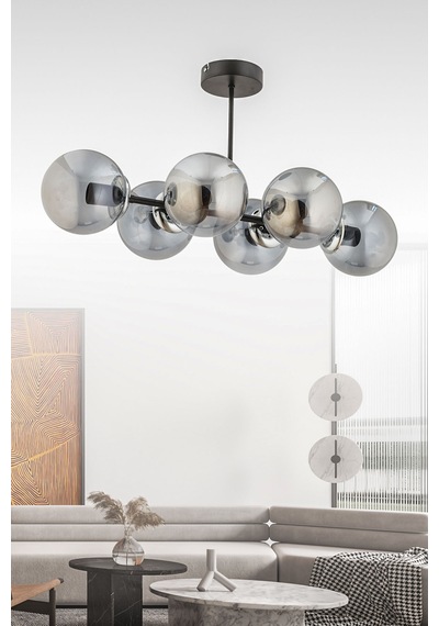 Hira 6'lı Siyah Füme Glob Camlı Modern Plafonyer Salon Yemek Masası Üstü Avize Siyah Siyah