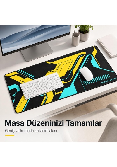 Mcstorey 90x40 Cm Mouse Pad, Cyber Sarı Turkuaz Desenli Büyük Mou