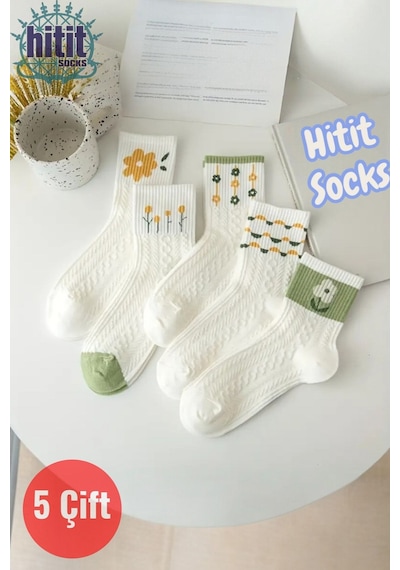 Hitit Socks Kadın 5 Çift Premium Kalite Yeçil Çiçek Desenli Soket Çorap Beyaz - Yeşil
