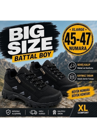 Wanderfull Trekking Siyah Erkek Outdoor Fermuarlı Battal Boy Ayakkabı 45-47