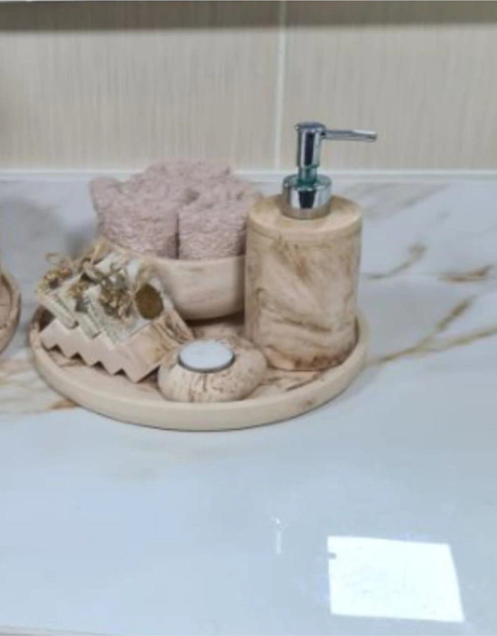 10lu Bej Mermer Desenli Görünümlü Banyo Seti ,sıvı Sabunluk Diş Fırçalığı Beton Aksesuar Bej