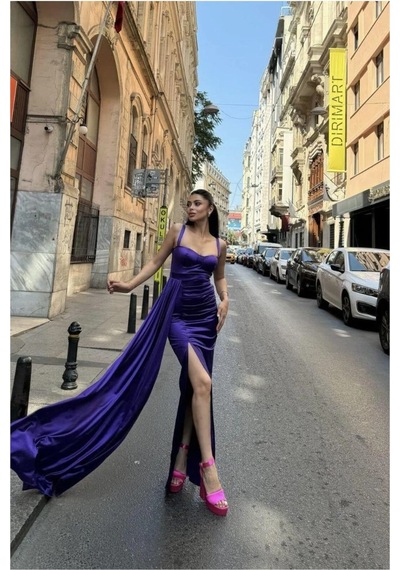 Saten Kalp Kumaş Abiye Yaka Maxi Elbise Yırtmaçlı Mor