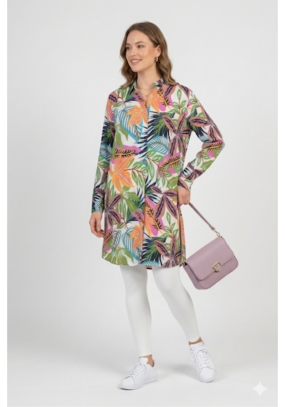 Polologin Butik Tropikal Desenli Uzun Tunik Gömlek - Çok Renkli Mavi