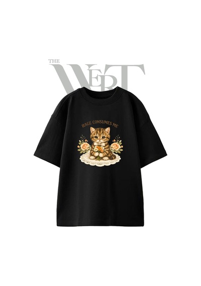 Thewert Rage Kitten Tasarım Baskılı Ünisex Siyah Oversize T-shirt