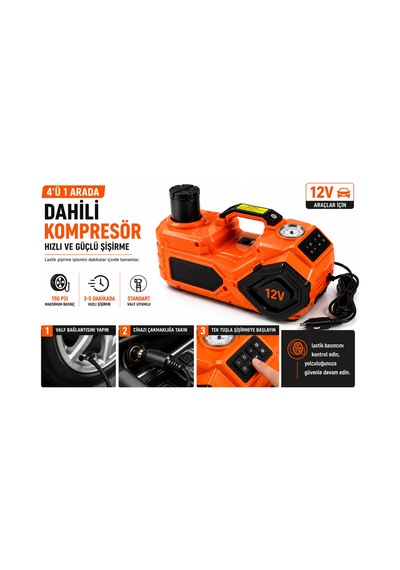 5 Ton Hidrolik Araç Krikosu 12v 4in1 Elektrikli Kriko Seti Hava Kompresörü Bijon Sökme Anahtarı Lastik Değiştirme Led Rj-5t