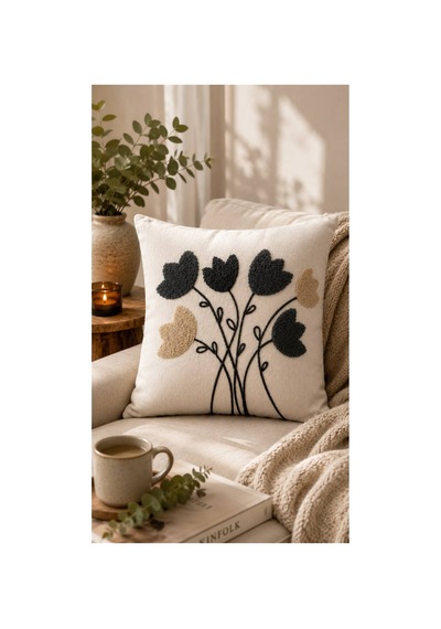 Punch Nakışlı Kırlent Kılıfı 45x45 Cm Kırlangıç Home Çapa Çiçek Desenli Gri-lale
