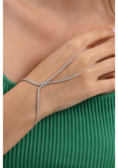 Gümüş Rodyumlu Zirkon Taşlı Su Yolu Modeli Şahmeran Barcode Beyaz - Rose Gold