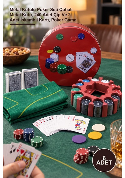 6 Adet Poker Oyunu Metal Kutulu Poker Seti Çuhalı Metal Kutu, 240 Adet Çip Ve 2 Adet İskambil Kartı, Poker Game
