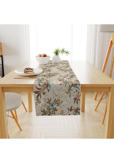 Colorful Leaves And Flowers Runner 140x45cm İnce Keten, Uluslararası Yıkama Ve Solmama Sertifikası Çok Renkli
