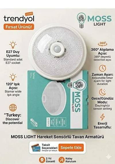 Moss Light Vip Aydınlatma / Sensörlü Tavan Armatürü E27 Plastik Kasa Beyaz