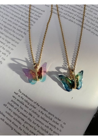 Şeffaf Çok Renkli Kelebek Model Kararmaz Çelik Gold Kolye Mavi