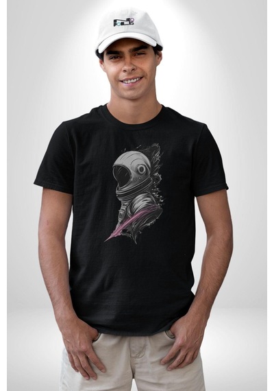 Astronot Kafası Unisex Unisex Siyah Organik Baskılı T-shirt Penye Yüksek Kalite Siyah