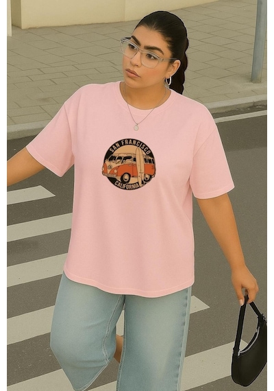 Büyük Beden San Francısco Woswos Baskılı Unisex Tişört Pembe