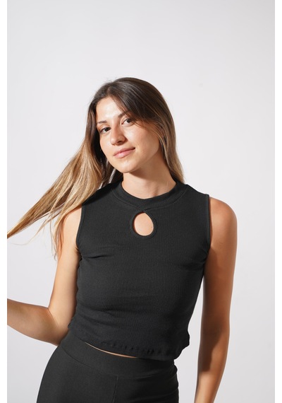 Ckm Moda Chester Yüksek Kalite Kadın Yaka Detaylı Fitilli Crop Örme Bluz Siyah