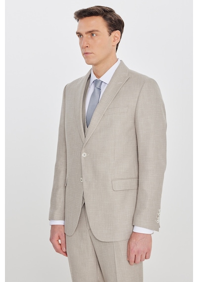 Ac&co Erkek Bej Slim Fit Dar Kesim Kırlangıç Yaka Kapak Cepli Çizgili Takım Elbise
