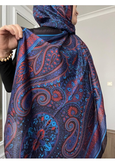 Modakaşmir Aminenesil Etnik Desen Soft Pamuk Şal Saks Mavisi Kırmızı Renk Açık Saks Mavi