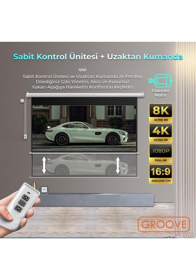 Groove Vizio Pro 200x200cm Blackout Işık Geçirmez Elektrikli Otomatik Kumandalı Projeksiyon Perdesi +motorlu+canlı Renkler+göz Koruması+leke Tutmaz Projector
