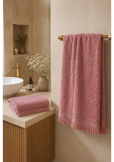 Paisley Desenli Saçaklı 2 Li Baş Ve Banyo Havlusu Seti 50x90 + 90x150 Cm - Gül Kurusu