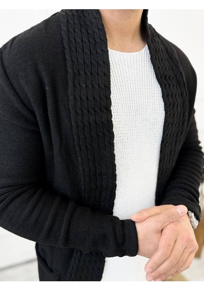 Elku Moda Hırka Örgülü Şal Yaka Cepli Tüylenmez Örgü Triko Hırka Siyah