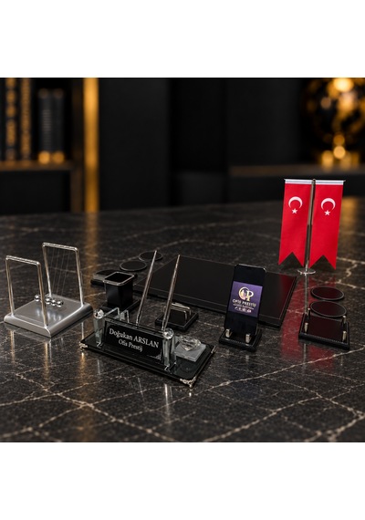 Ofis Prestij 13 Parça Silver Denge Toplu Kristal Kişiye Özel İsimlik Ve Sümen Seti Siyah - Gümüş