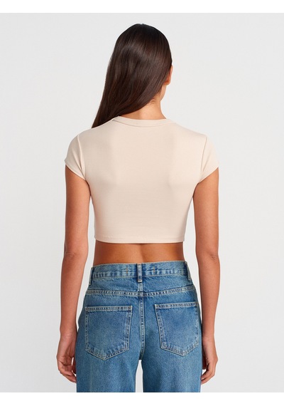 Dilvin 31810 Bisiklet Yaka Crop T-shirt-bej Bej