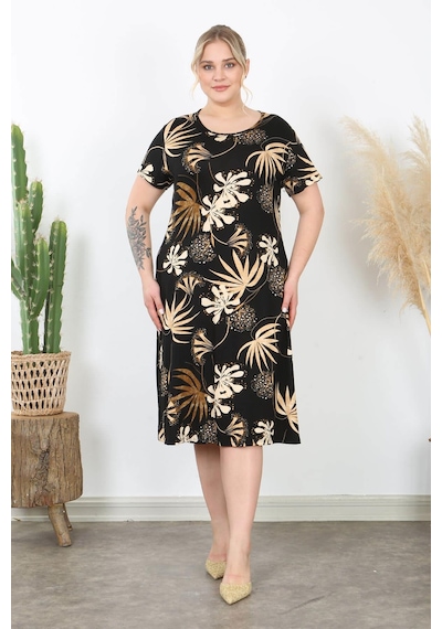 Mooi Xxl Kadın Siyah Vizon Floral Desen Midi Elbise Siyah
