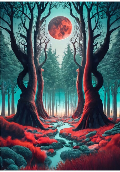 Dolunay Ve Ağaçlar Dekoratif Ahşap Tablo 35cm X50cm