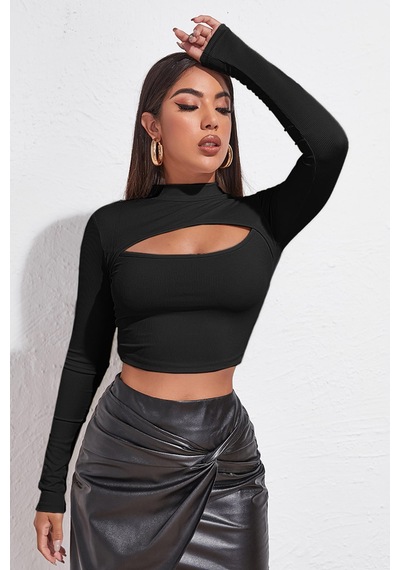 Fantezia Night Kadın Kırmızı Göğüs Dekolteli Uzun Kollu Cut Out Crop Top Bluz SIYAH