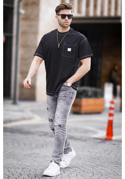 Madmext Siyah Oversize Cep Detaylı Erkek Tişört 7001-siyah Siyah