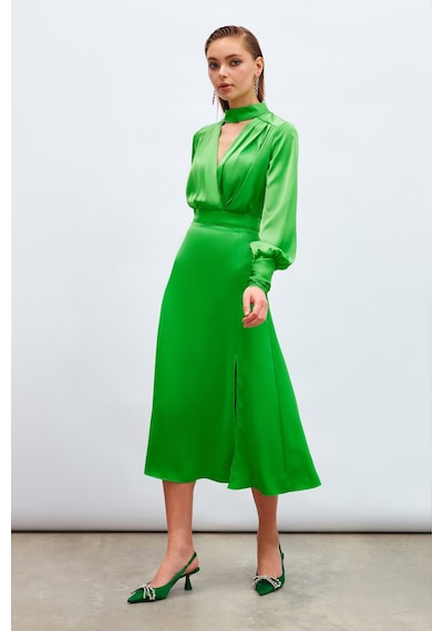 Sateen Yırtmaçlı Saten Etek - Yeşil