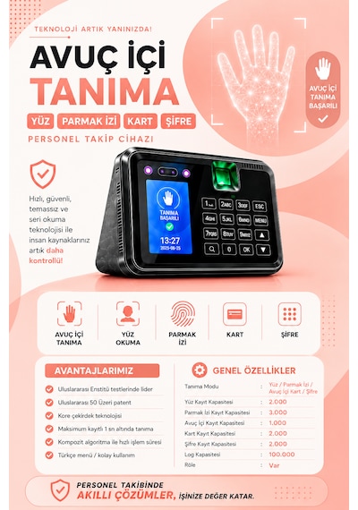 Avuç Okuma-yüz Okuma-parmak İzi Okuma Ve Kartlı Personel Kontrol Cihazı -giriş-çıkış Yazılımı Ve 15 Kart Hediye