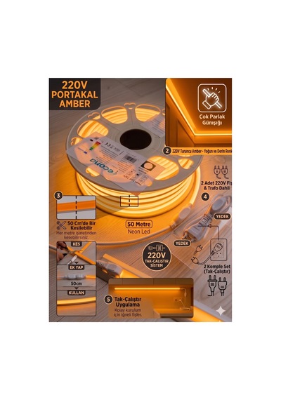 50 Metre Amber 220v Neon Led Şerit Led, Çok Parlak, Kesilebilir, Tak-çalıştır Fişli & Yedek Fişli,esnek Led