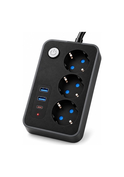 Tr Blic 3'lü Termal Akım Korumalı Uzatma Prizi 2 Metre Kablolu, 2 Usb + 1 Type-c Hızlı Şarj, Çocuk Korumalı, 0