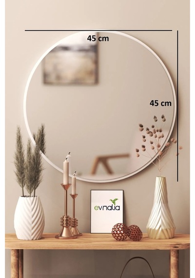 45 Cm Çap Banyo & Makyaj Aynası Yuvarlak Antre Hol Koridor Duvar Salon Mutfak Ofis Dekoratif Ayna - Beyaz Beyaz