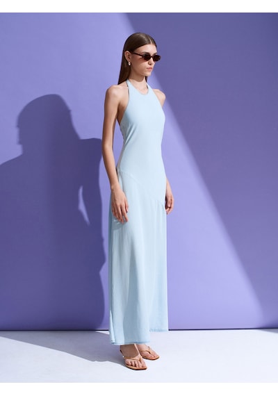 Dilvin 90586 %100 Lyocell Halter Yaka Elbise-mavi