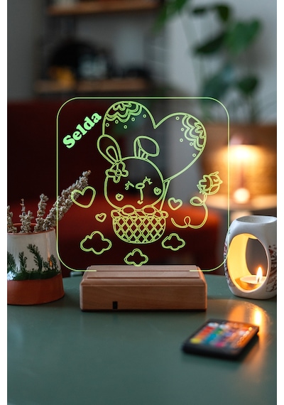 Kişiye Özel 3D Tavşan Ve Kalp Masaüstü Led Lamba