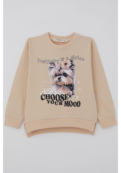 Breeze Kız Çocuk Sweatshirt Sevimli Köpekçik Baskılı Fiyonklu Yazı Baskılı 3-8 Yaş , Bej