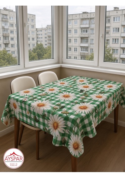 Masa Örtüsü 150x170 Cm Yeşil Kareli Papatya Beyaz