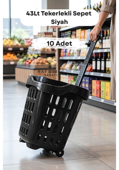 10 Adet - 43 Lt Tekerlekli Market Sepeti Plastik Alışveriş Sepeti Ergonomik Çift Saplı Siyah