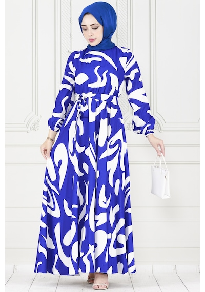 Sevitli Geometrik Desenli Elbise-saks Mavi-3894-saks Mavi Saks Mavisi