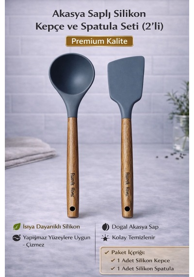 2'li Set Akasya Saplı Kepçe Spatula Setimiz Isıya Dayanıklı Yanmaz Yapışmaz Gri