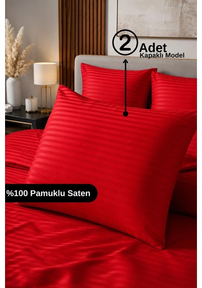 %100 Pamuk Saten Çizgili Kapaklı Yastık Kılıfı 2'li Lüx Otel Kalitesi 50x70 Kırmızı