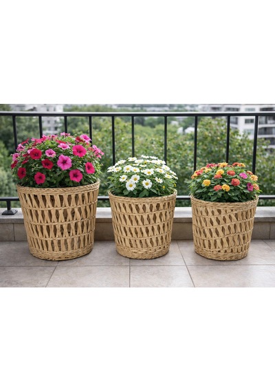 Dekoratif Desenli Doğal Hasır Sepet/saksılık 26x24 Acı Kahve - Hasır Kahve