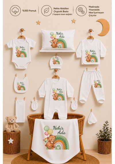 Pia Baby İsimli Kız Bebek Hastane Çıkışı 11 Parça %100 Pamuk Organik Baskılı Kişiye Özel Set 2083110x Ekru