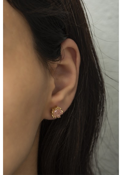 Pembe Zirkon Taşlı Lotus Çiçeği Kadın Küpe Altın