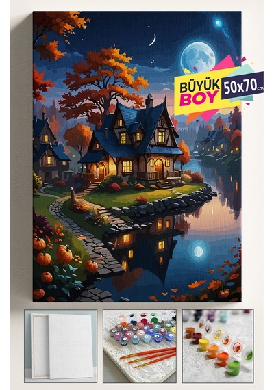 Sayılarla Boyama Seti Numaralı Tuval Fırça Boya Dahil Kasnaklı Set 50x70 Cm - Ay Işığı Göl