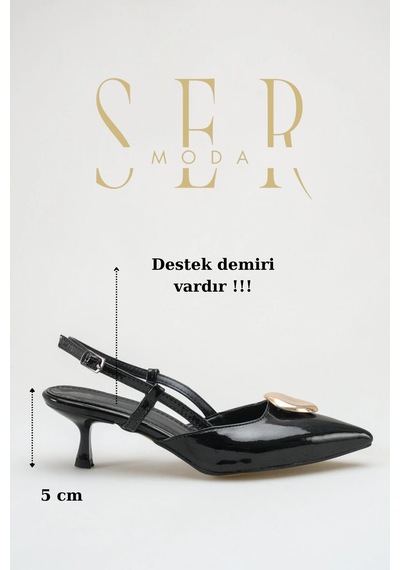 Sermoda Topuklu Kadın Ayakkabı - 5 Cm İnce Topuklu Sivri Burun Arka Açık Stiletto Ayakkabı Rugan Siyah