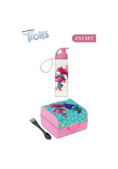 Flosoft Lisanslı Trolls Matara Ve Beslenme Kutusu, 3 Bölmeli Okul Beslenme Kabı Ve Suluğu 2 Li Set
