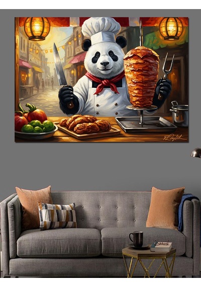 Döner Hazırlayan Aşçı Panda Tablosu Dekoratif Kanvas - Mdf Ahşap Tablo